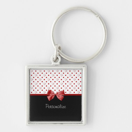 Girly Red en Black Polka Dot hoort kraai met naam Sleutelhanger (Voorkant)