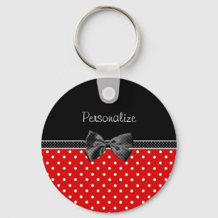 Girly Red en Black Polka Dots met naam en toenaam Sleutelhanger