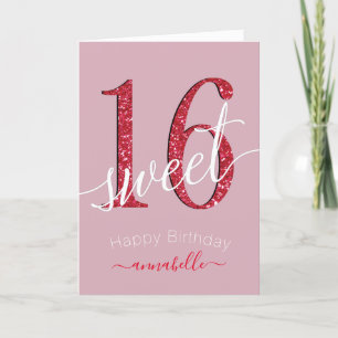 Girly Red Faux glitter Sweet 16 Verjaardag Kaart