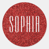 Girly Red Glitter Naam Schattige Sparkle Ronde Sticker (Voorkant)
