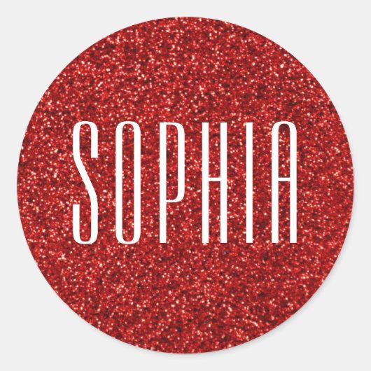 Girly Red Glitter Naam Schattige Sparkle Ronde Sticker (Voorkant)
