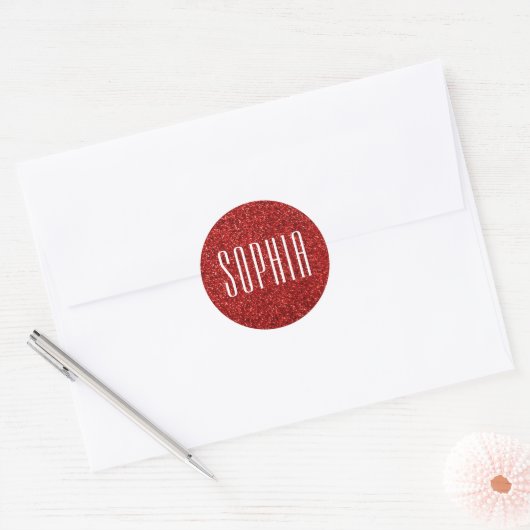 Girly Red Glitter Naam Schattige Sparkle Ronde Sticker (Envelop)