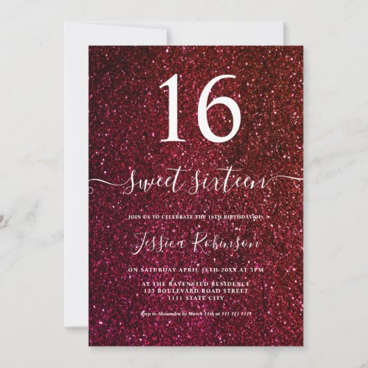 Girly red glitter script chic Sweet 16 Kaart (Voorkant)