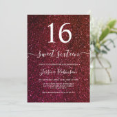 Girly red glitter script chic Sweet 16 Kaart (Staand voorkant)