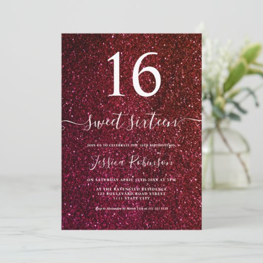 Girly red glitter script chic Sweet 16 Kaart (Staand voorkant)