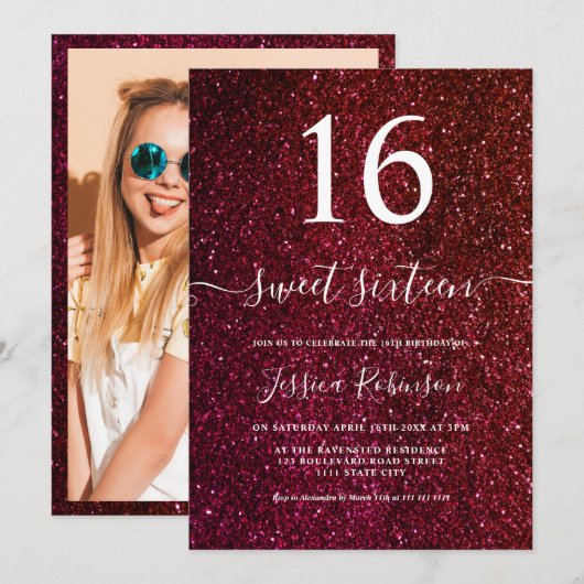 Girly red glitter script chic Sweet 16 Kaart (Voorkant / Achterkant)