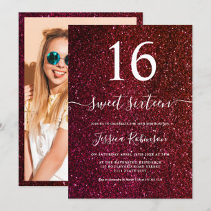 Girly red glitter script chic Sweet 16 Kaart
