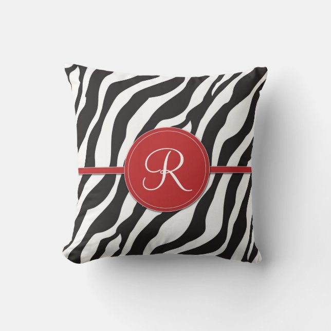 Girly Red Monogram Zebra Print Kussen (Voorkant)
