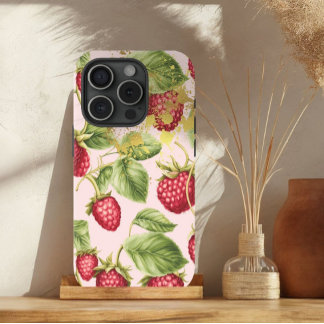 Girly Red, Pastel Pink en Gold Raspberry Fruit iPhone 15 Case