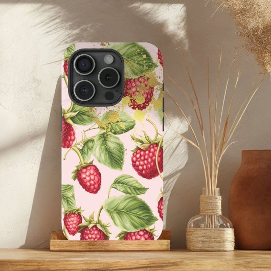 Girly Red, Pastel Pink en Gold Raspberry Fruit Case-Mate iPhone Case