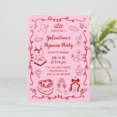 Girly Red Pink Hand Drawn Galentine's Pajama Party Kaart (Staand voorkant)