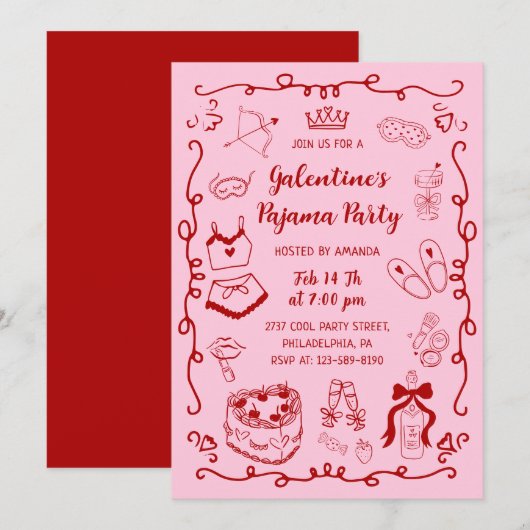 Girly Red Pink Hand Drawn Galentine's Pajama Party Kaart (Voorkant / Achterkant)