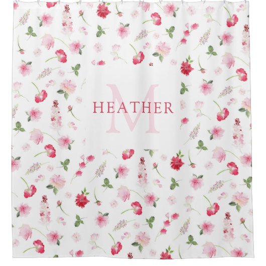 Girly Red Pink Waterverf Pattern Monogram Naam Douchegordijn (Voorkant)