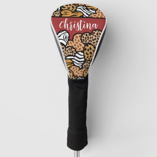 Girly Red Speelse Dierenprint Harten Naam Golfheadcover (Voorkant)
