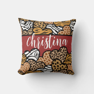 Girly Red Speelse Dierenprint Harten Naam Kussen