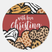 Girly Red Speelse Dierenprint Harten Naam Ronde Sticker (Voorkant)