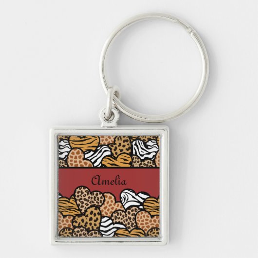 Girly Red Speelse Dierenprint Harten Naam Sleutelhanger (Voorkant)