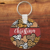 Girly Red Speelse Dierenprint Harten Naam Sleutelhanger (Voorkant)