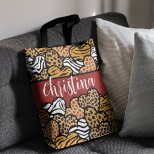Girly Red Speelse Dierenprint Harten Naam Tote Bag