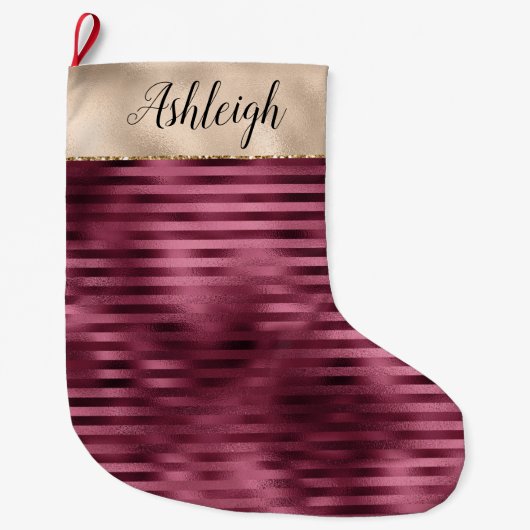 Girly Red Stripes Gold Glam Grote Kerstsok (Voorkant)