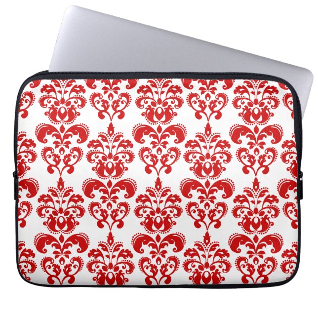 Girly Red White  Damask Pattern 2 Laptop Sleeve (Voorkant)