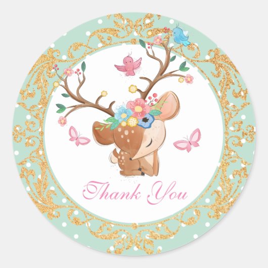 Girly Reindeer gepersonaliseerd Dank u Ronde Sticker (Voorkant)
