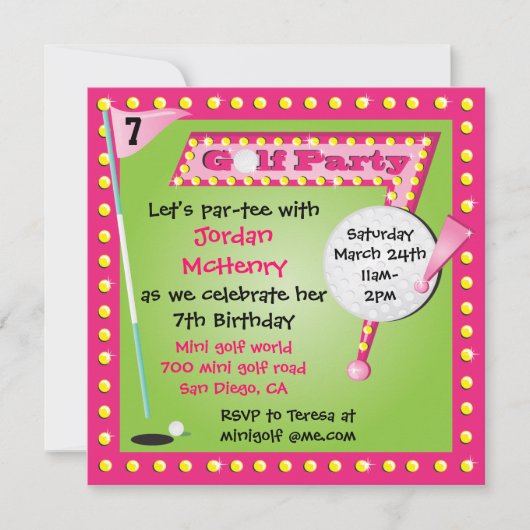 Girly Retro Miniature Golf Party Invitation Kaart (Voorkant)