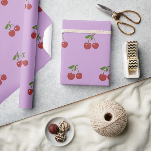 Girly Retro Pastel Purple Red Cherry Fruit Pattern Cadeaupapier (Crafts)