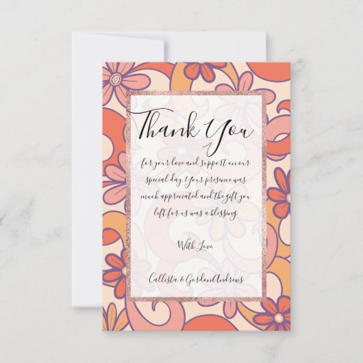 Girly Retro Roze Sinaasappel Groovy Flowers Bedankkaart (Voorkant)