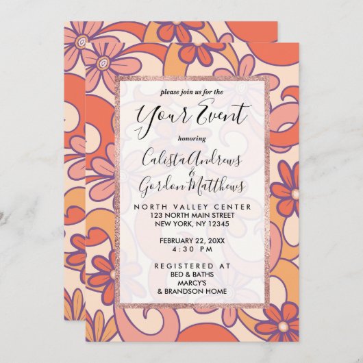 Girly Retro Roze Sinaasappel Groovy Flowers Kaart (Voorkant / Achterkant)