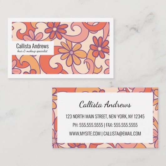 Girly Retro Roze Sinaasappel Groovy Flowers Visitekaartje (Voorkant / Achterkant)