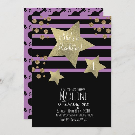 Girly Rockstar Guitar Faux Gold Star Kaart (Voorkant / Achterkant)