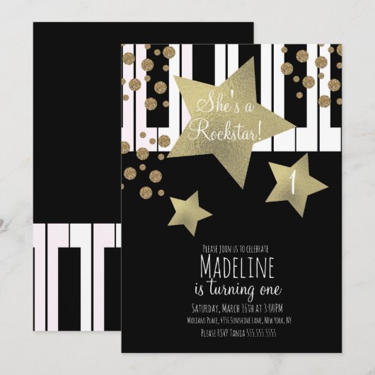 Girly Rockstar Guitar Faux Gold Star Piano Kaart (Voorkant / Achterkant)