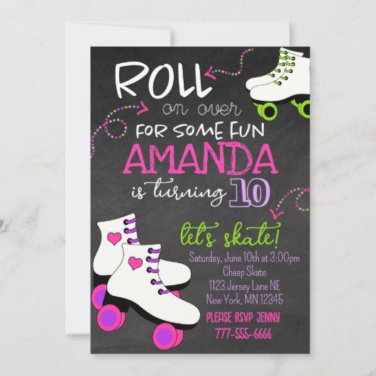 Girly Roller Schaatsen Chalkboard Verjaardag Kaart (Voorkant)