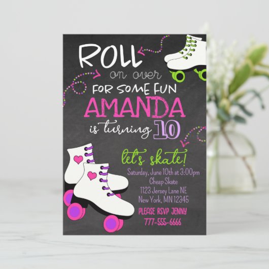Girly Roller Schaatsen Chalkboard Verjaardag Kaart (Staand voorkant)