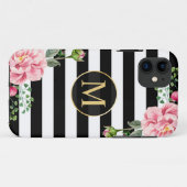 Girly Romantic Flower Black White Stripes Monogram Case-Mate iPhone Case (Achterkant (horizontaal))