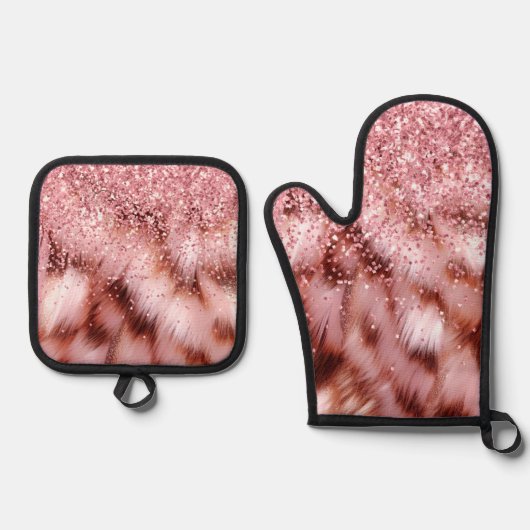 Girly Roos Glitzy Sparkle Gold Zebra Glitter Ovenwant & Pannenlap Set (Voorkant)