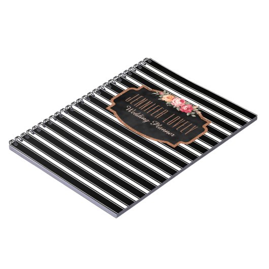 Girly Roos Gold B&W Stripes | Jouw naam Monogram Notitieboek (Linkerzijde)