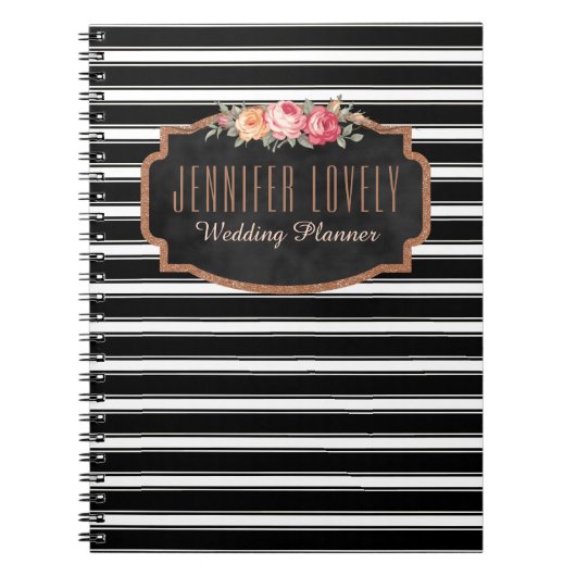 Girly Roos Gold B&W Stripes | Jouw naam Monogram Notitieboek (Voorkant)