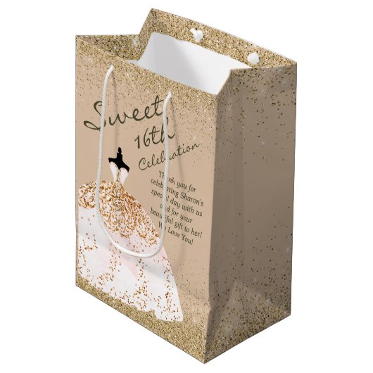 Girly Roos Gold Big Ball Gown Sweet 16e Verjaardag Medium Cadeauzakje (Voorkant Gekanteld)