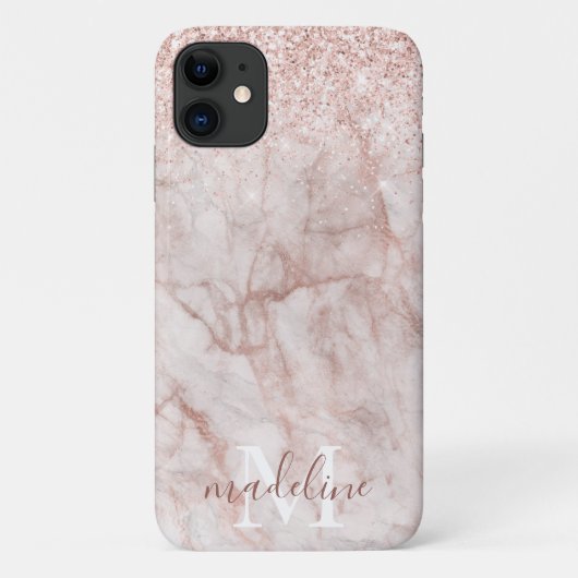 Girly Roos Gold Blush Marble Glitter Monogram Case-Mate iPhone Case (Achterkant)