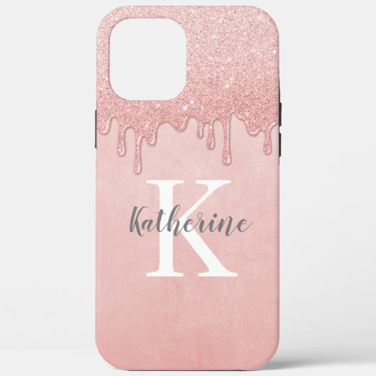 Girly Roos Gold Blush Pink Glitter Monogram Case-Mate iPhone Case (Achterkant)