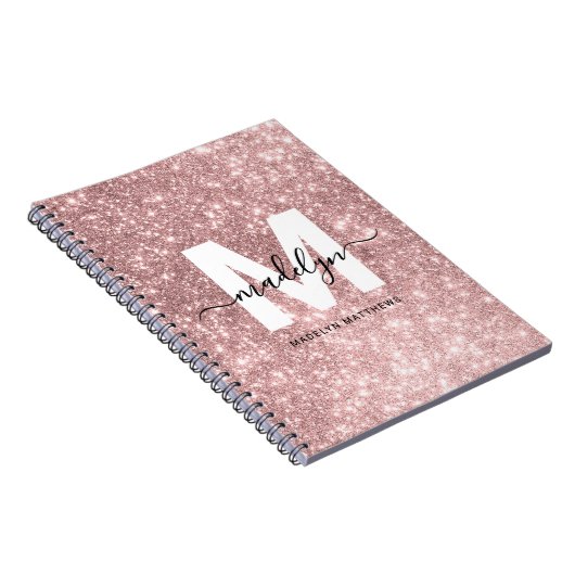 Girly Roos Gold Blush Pink Glitter Monogram Notitieboek (Rechterzijde)