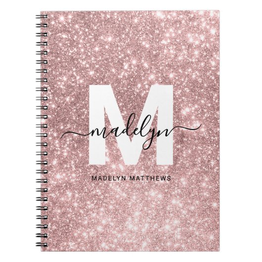Girly Roos Gold Blush Pink Glitter Monogram Notitieboek (Voorkant)