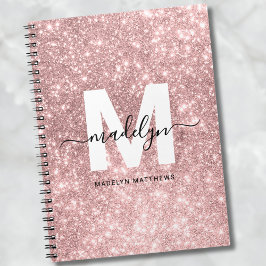 Girly Roos Gold Blush Pink Glitter Monogram Notitieboek