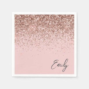 Girly Roos Gold Blush Pink Glitter Monogram Servet