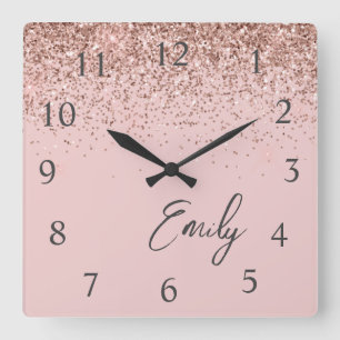 Girly Roos Gold Blush Pink Glitter Monogram Vierkante Klok