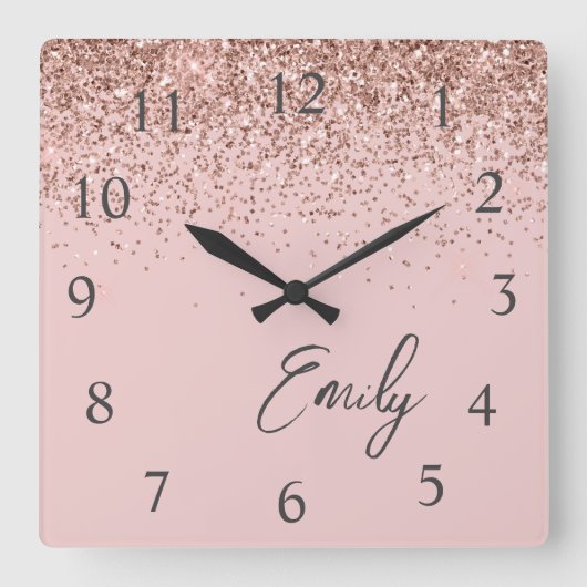 Girly Roos Gold Blush Pink Glitter Monogram Vierkante Klok (Voorkant)