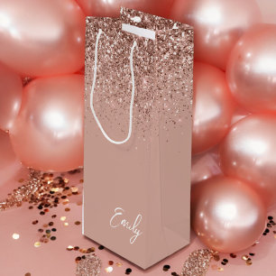 Girly Roos Gold Blush Pink Glitter Monogram Wijn Cadeautas
