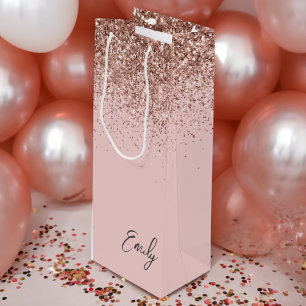 Girly Roos Gold Blush Pink Glitter Monogram Wijn Cadeautas